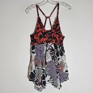 Bisou Bisou Tank Womens Large Multicolor Floral Handkerchief Hem Boho Beaded L